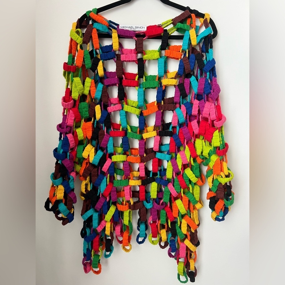 MICHAEL SIMON NY Colorful Vintage Crochet Link Chain Sweater Art